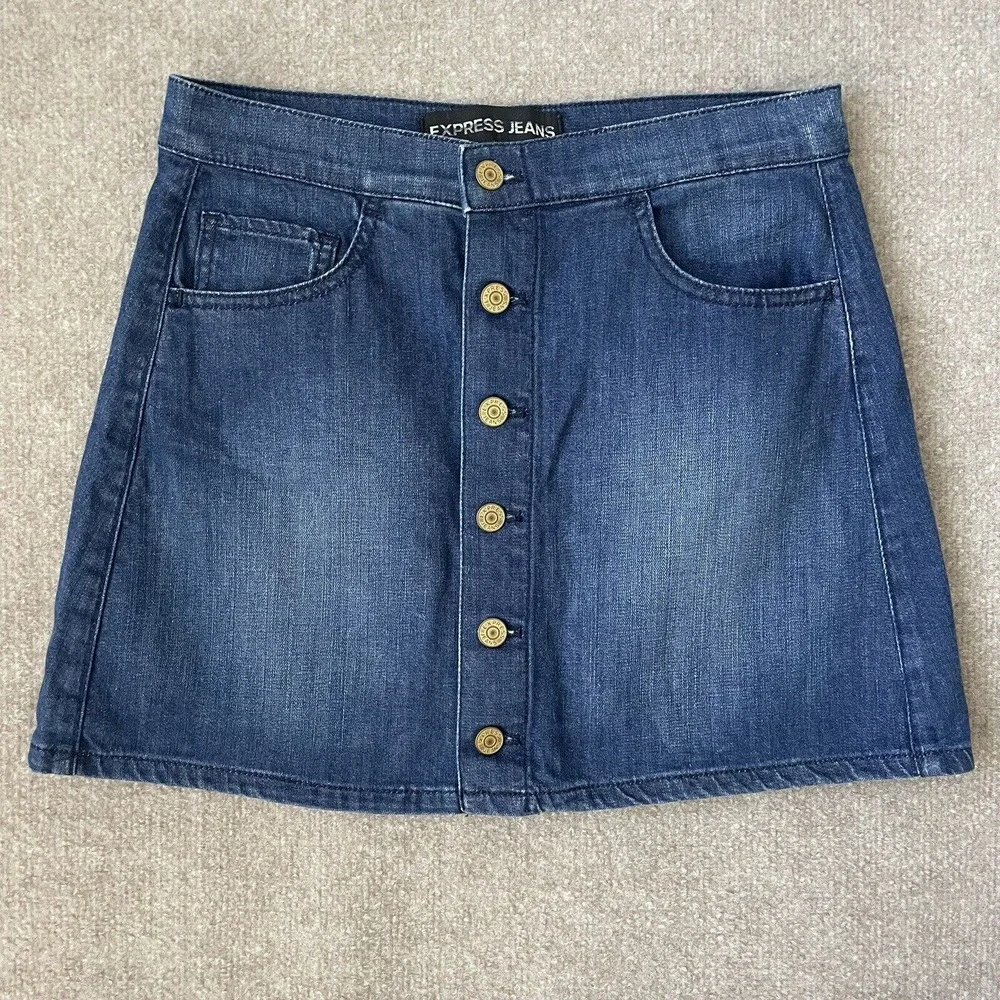 Express Denim Skirt Womens 4 Dark Wash Button Front Short Mini Stretch Denim